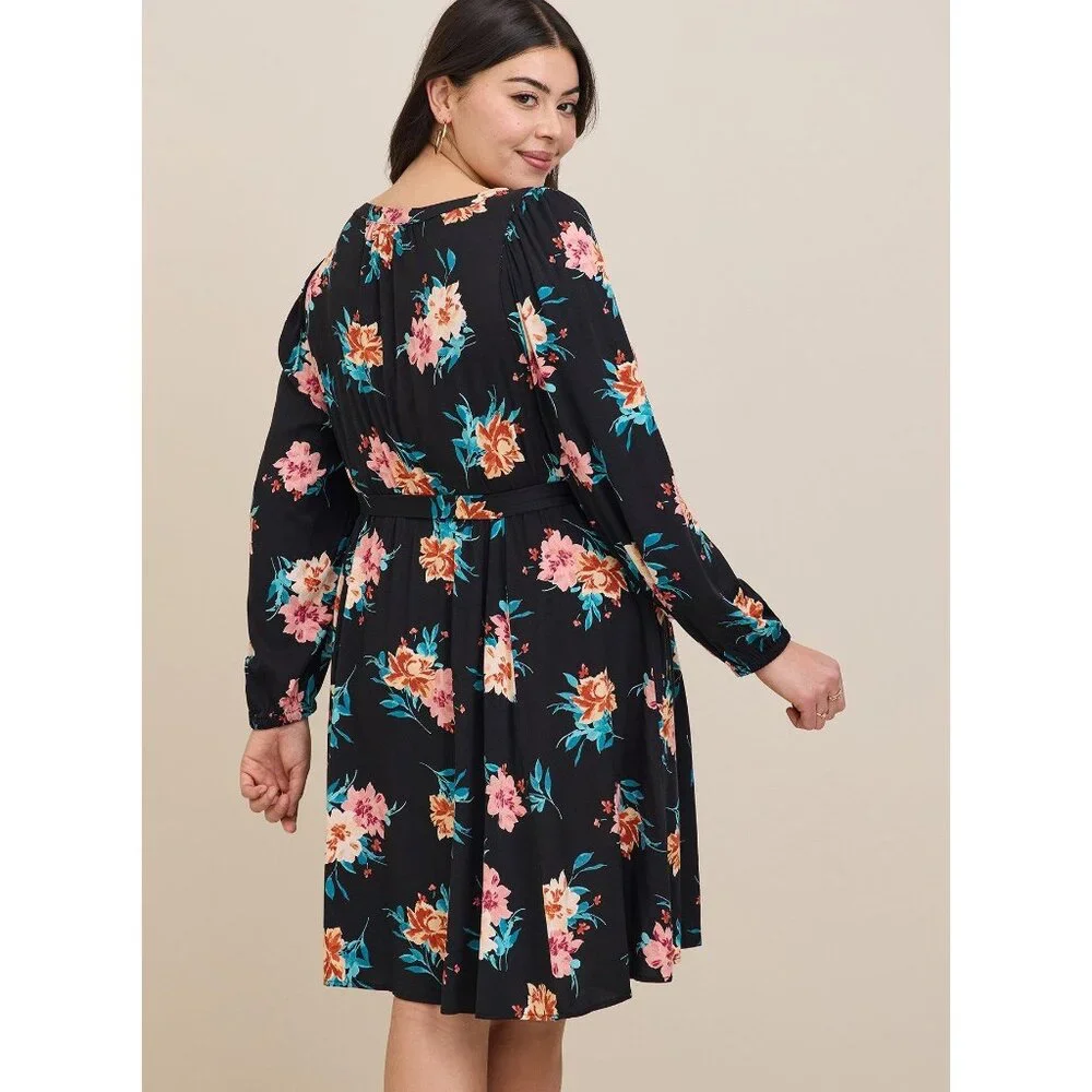 Torrid Black Multi Floral Mini Stretch Challis Tie Waist Pocket Dress Plus 1X - Picture 2 of 12